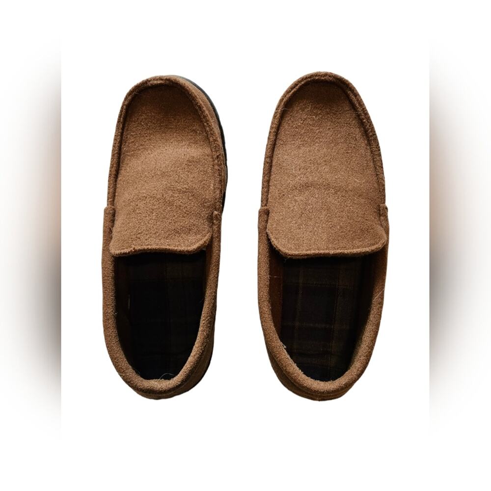 Brown suede style, men's size 13, brown body, black soles, slip on, memory foam
